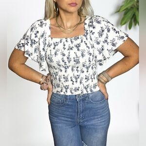 Floral Smocked Top - Blue and White
